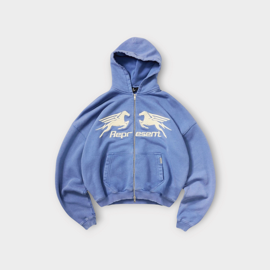 Drop Represent Pegasus zip-through hoodie in indigo blue with white graphic print on chest