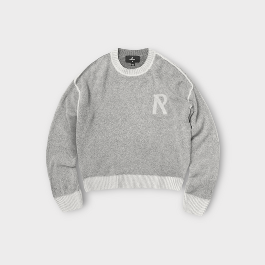 Drop Represent Laurel knit sweatshirt in sun fade grey with white contrast stitching and embroidered R logo