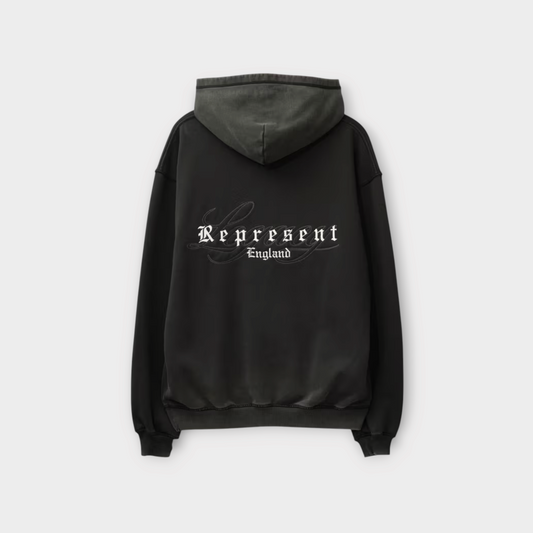 Drop Represent Legacy overprint hoodie in vintage black with white gothic logo embroidery on the back