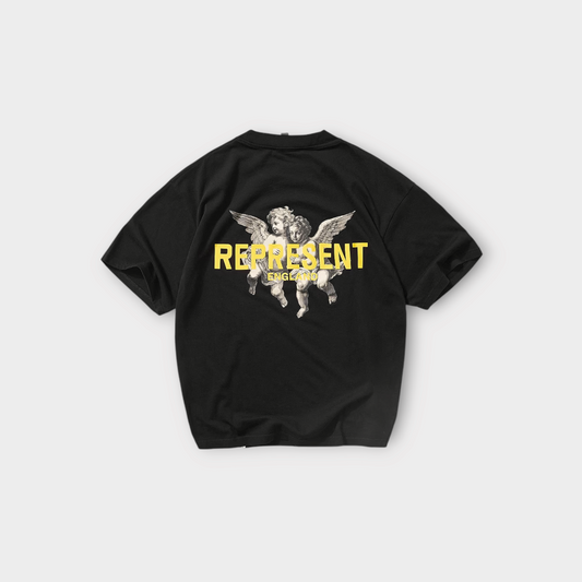 Drop Represent Legacy Cherubs T-Shirt in jet black with a yellow graphic print of cherubs on the back