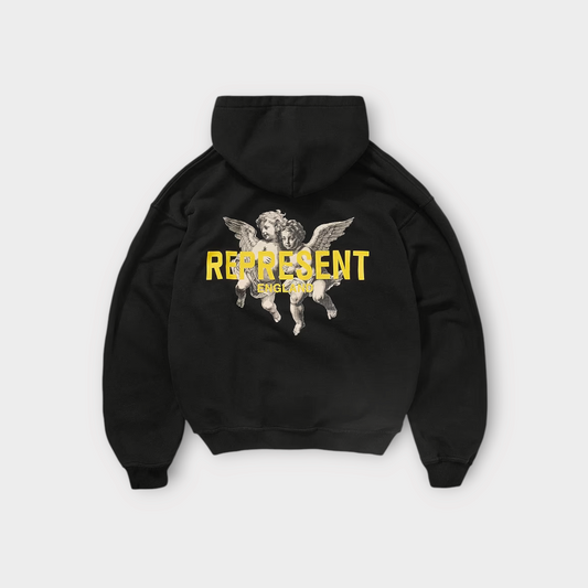 Drop Represent Legacy Cherubs hoodie in jet black featuring a yellow graphic print of cherubs on the back