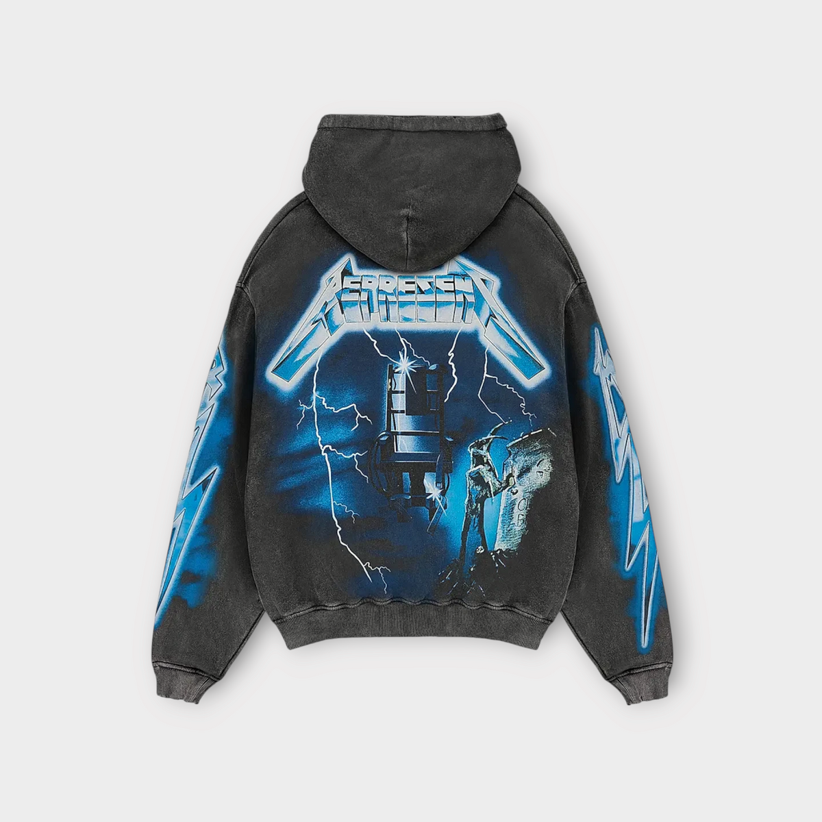 Drop Represent Metallica Ride The Lightning vintage grey hoodie with blue graphic print on back and sleeves