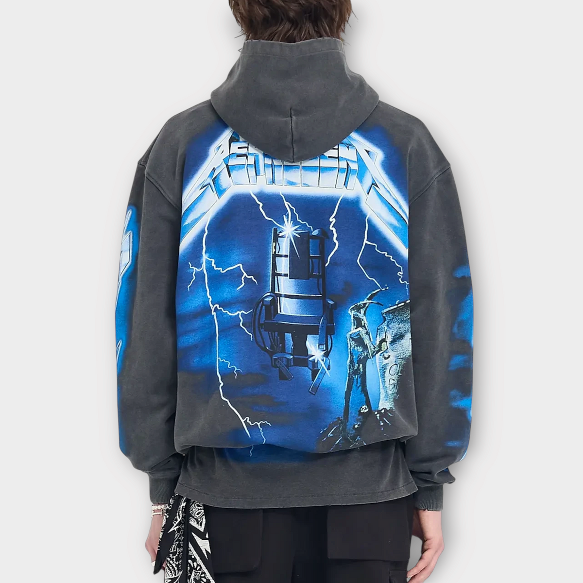 Drop Represent Metallica Ride The Lightning vintage grey hoodie with blue electric chair graphic on the back