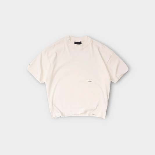 Drop Represent Micro Owners Club flat white t-shirt with minimalist branding on the chest and sleeve