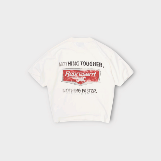Drop Represent Nothing Faster t-shirt in flat white featuring a vintage-style red and black graphic on the back