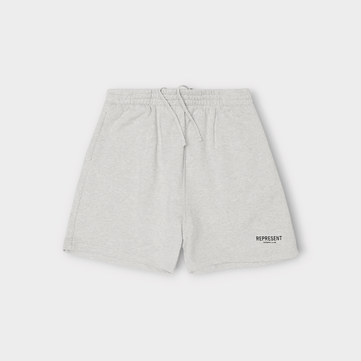 Drop Represent Owners Club ash grey cotton jersey shorts with an elasticated drawstring waist and logo branding