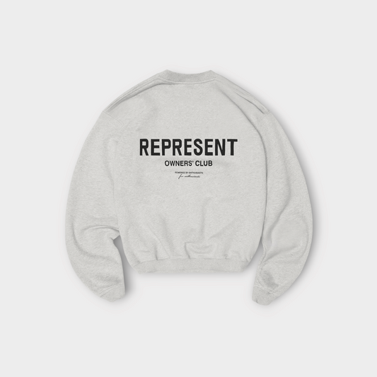 Drop Represent Owners Club ash grey sweater with black back logo print and relaxed fit