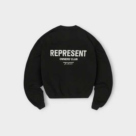 Drop Represent Owners Club black crewneck sweater with white logo print on the back