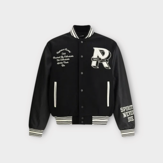Drop Represent Owners Club black varsity jacket with white embroidered R logo, text details, and striped ribbed trim.