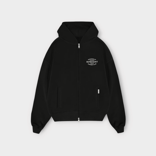 Drop Represent Owners Club jet black zip up hoodie with white circular chest logo and front pockets