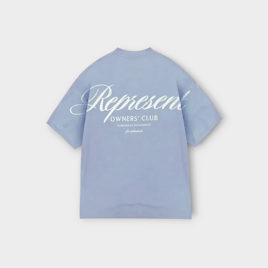 Drop Represent Owners Club script t-shirt in dusty blue with white back graphic logo