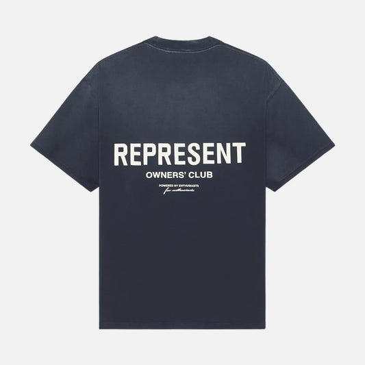 Drop Represent Owners Club midnight navy t-shirt with white graphic print on the back
