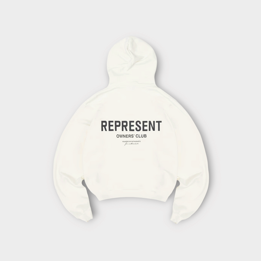 Drop Represent Owners Club flat white hoodie with black back graphic print