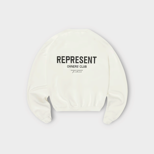 Drop Represent Owners Club flat white sweater with black back graphic print