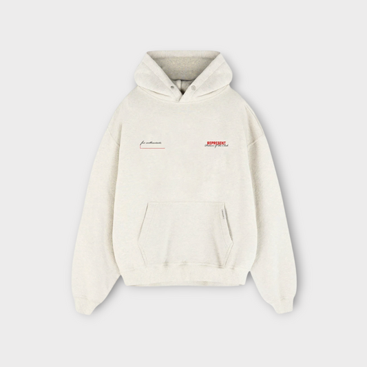Drop Represent Patron Of The Club hoodie in cream marl with red chest logo and front kangaroo pocket
