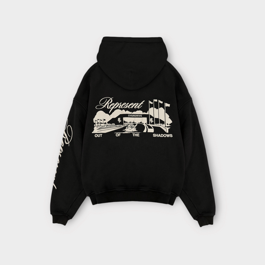 Drop Represent Raceway jet black hoodie with white graphic print on the back and sleeve
