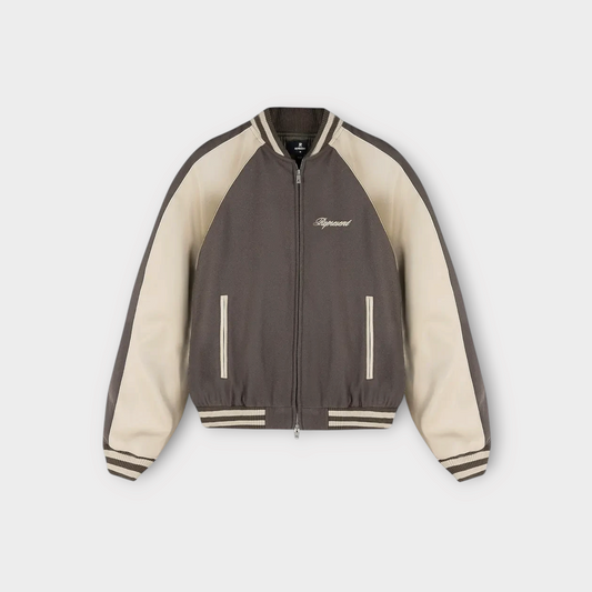 Drop Represent Raglan Stone varsity jacket in dark grey and cream with a zip front and striped ribbed trim