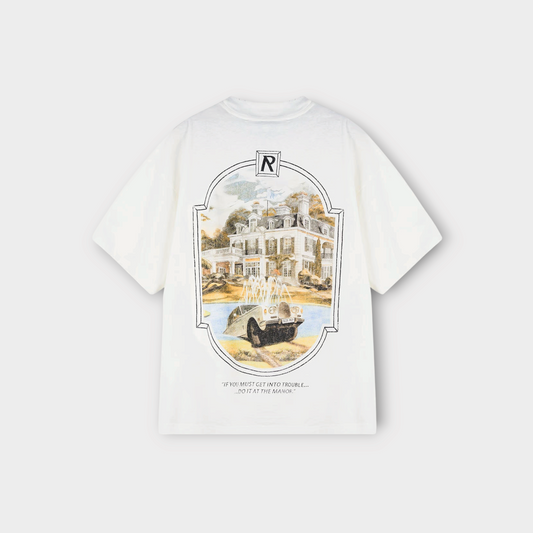 Drop Represent Revere Manor t-shirt in aged white with a vintage manor house graphic print on the back