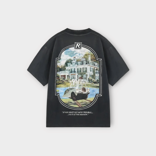Drop Represent Revere Manor stained black t-shirt with a graphic print of a mansion and car on the back