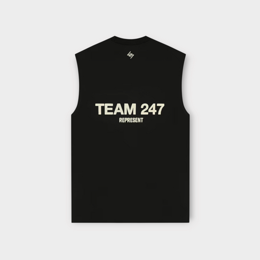 Drop Represent Team 247 black oversized tank top with white logo branding on the chest and back