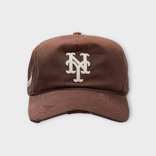 Drop Represent MLB NY baseball cap in washed brown with white embroidered logo and distressed brim detail