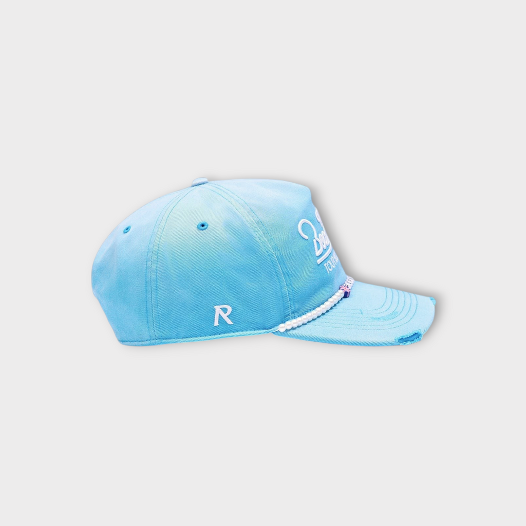 Drop Represent Beach Boys Tour bright blue cap with white embroidery and a beaded detail on the distressed brim