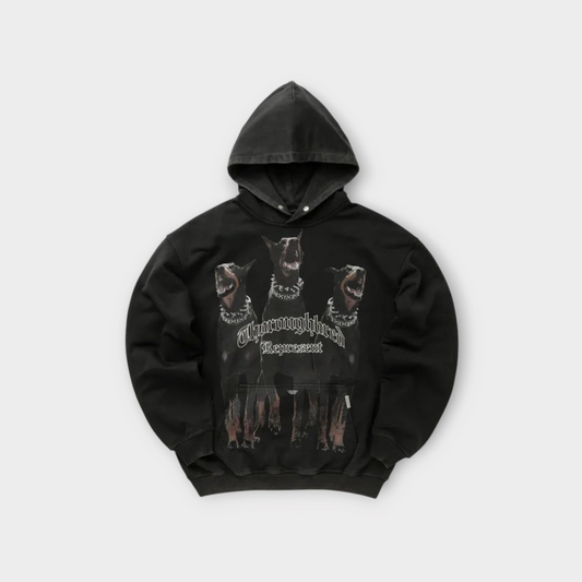 Drop Represent Thoroughbred vintage black hoodie featuring a graphic print of three Dobermans with spiked collars