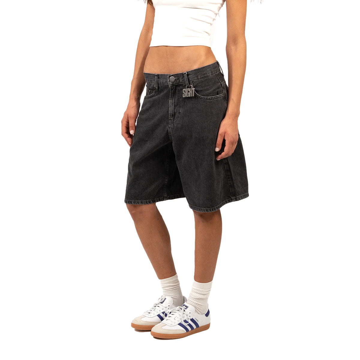 SIGHT Long Women Black Denim Short
